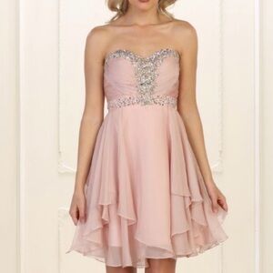 May Queen Pink Strapless Chiffon Prom Dress